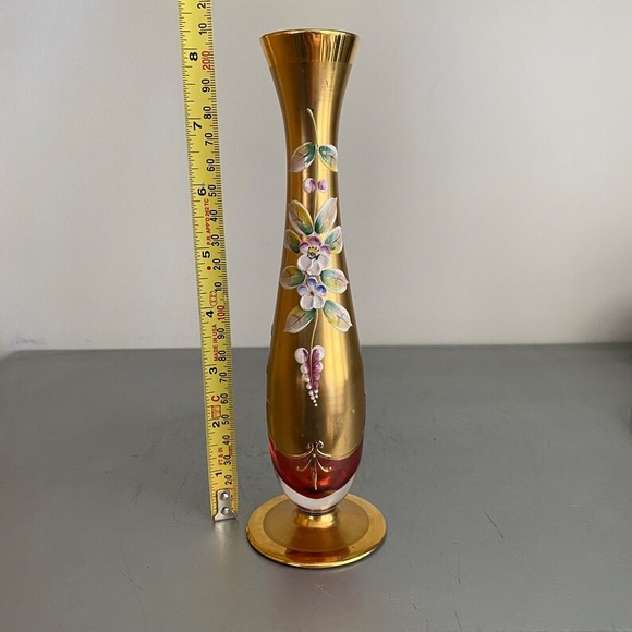 Bohemian Ruby Red Bud Vase with Raised Enamel Flowers Vintage  8 Inches. - Picture 3 of 6